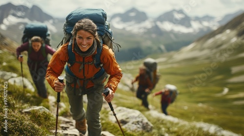 Packs – Hikers Wearing Backpacks Climbing Rugged Terrain Symbolizing Adventure and Endurance