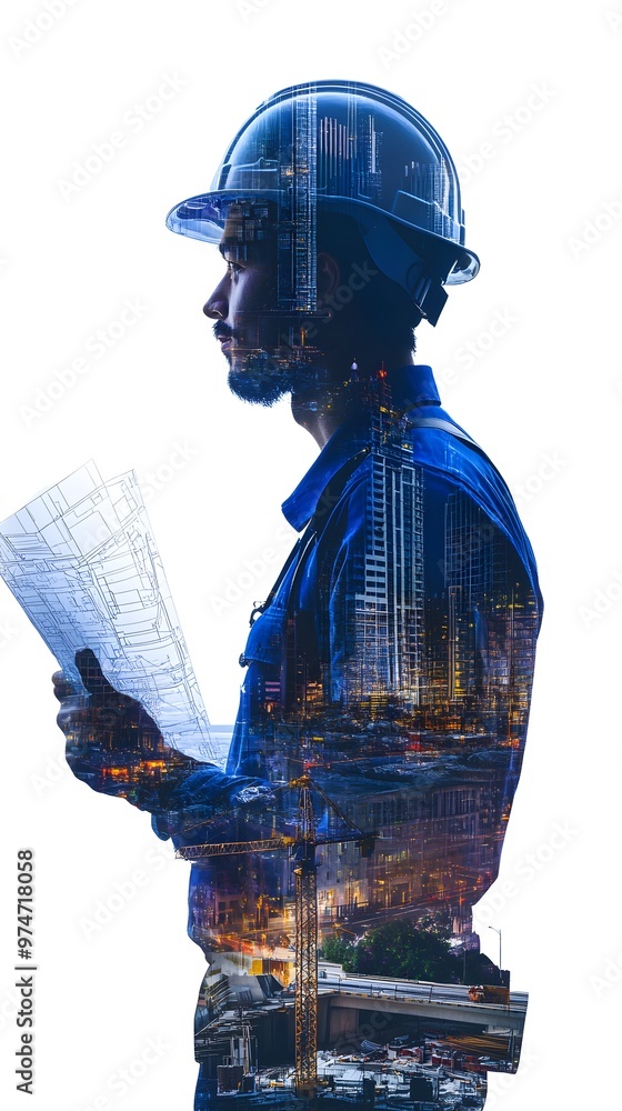 A digital collage of an engineer in a blue uniform and helmet, holding a blueprint with buildings and cranes behind him A digital collage of an engineer in a blue uniform and helmet, holding a blueprint with buildings and cranes behind him