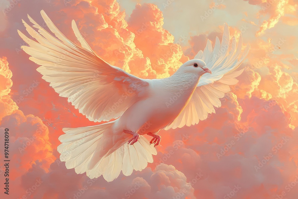 Fototapeta premium majestic white dove in midflight against a ethereal cloudscape wings spread wide capturing the essence of freedom peace and grace in motion