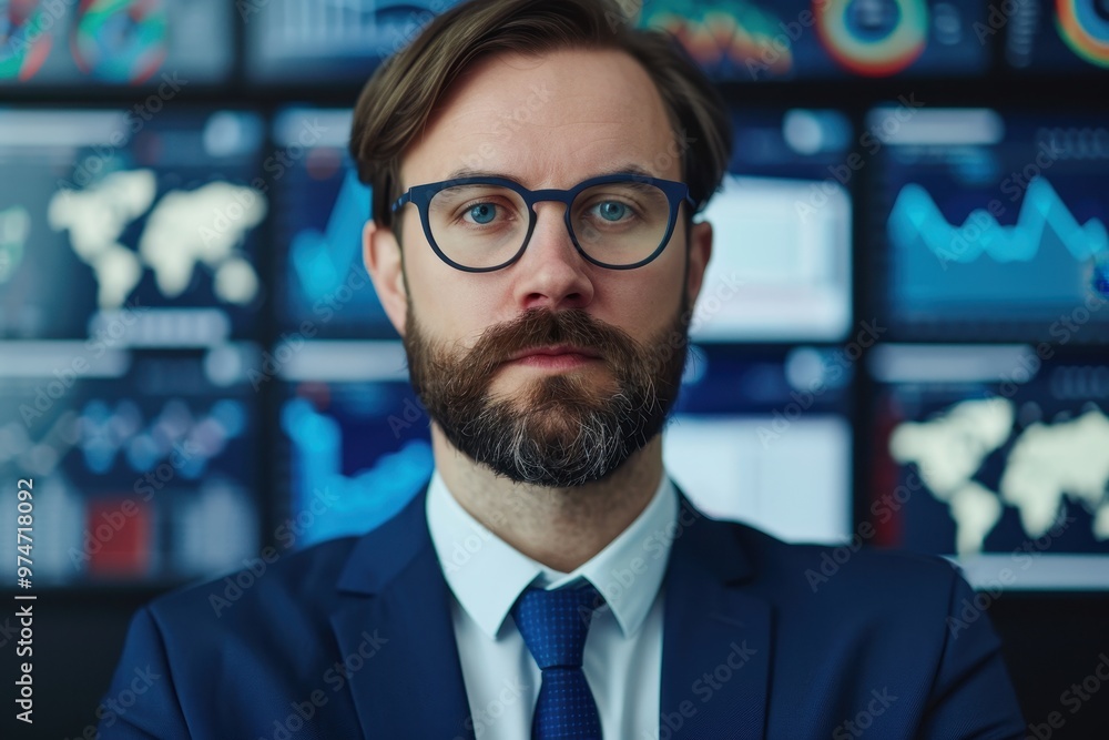 Confident data analyst in glasses stands with arms crossed in front of a large display of digital financial charts and graphs, representing data analysis and financial insights. Confident data analyst in glasses stands with arms crossed in front of a large display of digital financial charts and graphs, representing data analysis and financial insights.