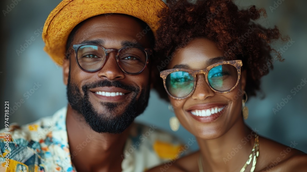 A cheerful couple wearing stylish glasses, with the woman in a yellow hat and colorful attire, displaying happiness and vibrant personality during their adventure. A cheerful couple wearing stylish glasses, with the woman in a yellow hat and colorful attire, displaying happiness and vibrant personality during their adventure.