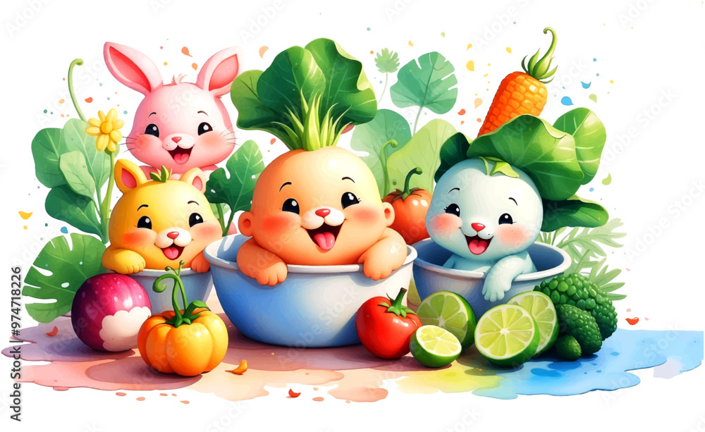 Cute set of vegetables cartoon, isolated on white background, Vector Illustration Of Food Concept Design. watercolor style Cute set of vegetables cartoon, isolated on white background, Vector Illustration Of Food Concept Design. watercolor style