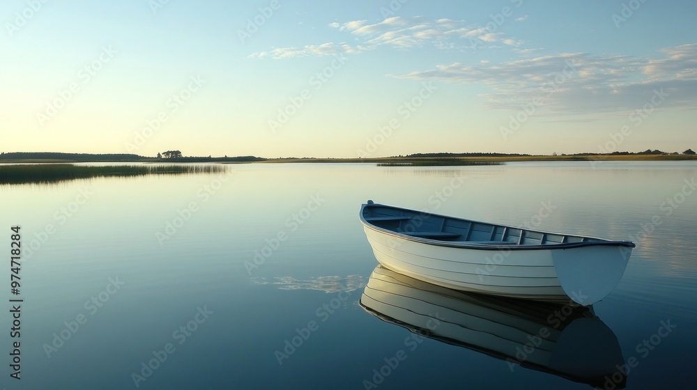 A serene boat floating on calm waters during a tranquil sunrise. A serene boat floating on calm waters during a tranquil sunrise.