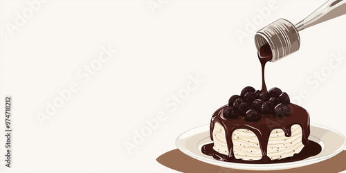 Metal squeeze bottle dispensing chocolate sauce onto a dessert, sweets illustration art photo