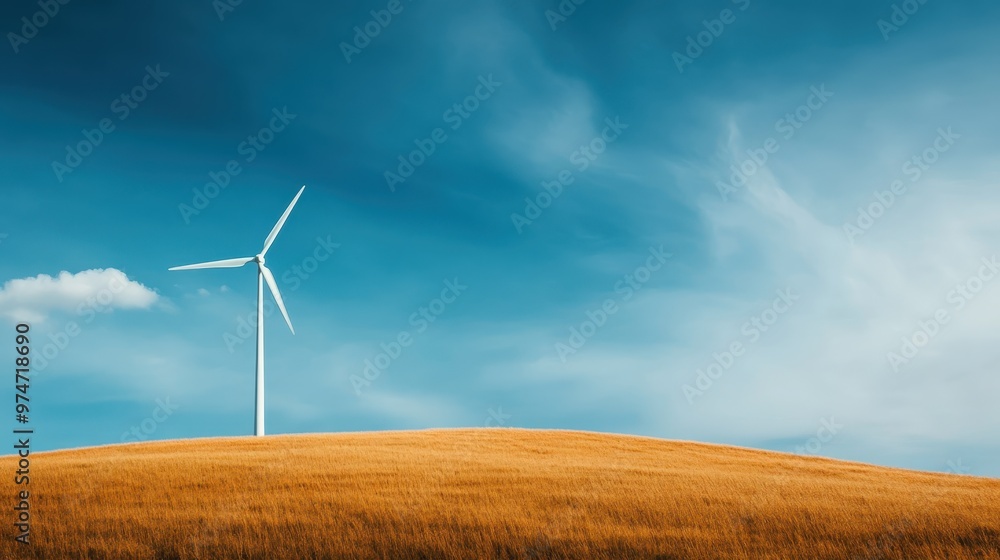 A captivating image showcasing a single wind turbine standing tall in a golden grassy field under a brilliant blue sky, representing the harmony between renewable energy and nature's beauty. A captivating image showcasing a single wind turbine standing tall in a golden grassy field under a brilliant blue sky, representing the harmony between renewable energy and nature's beauty.