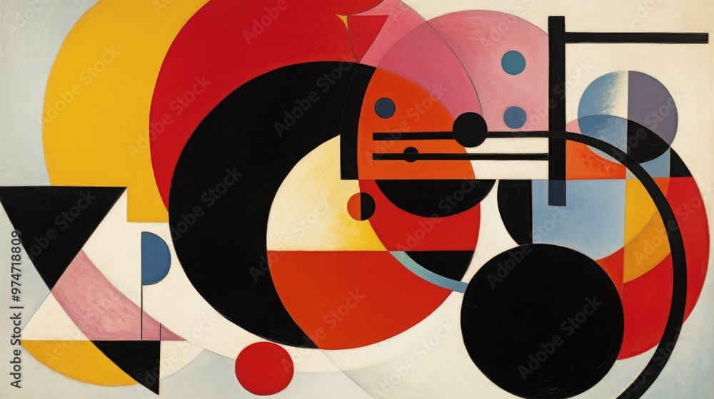 A vibrant abstract painting featuring bold geometric shapes and contrasting colors. Circles, triangles, and squares create a dynamic composition. A vibrant abstract painting featuring bold geometric shapes and contrasting colors. Circles, triangles, and squares create a dynamic composition.