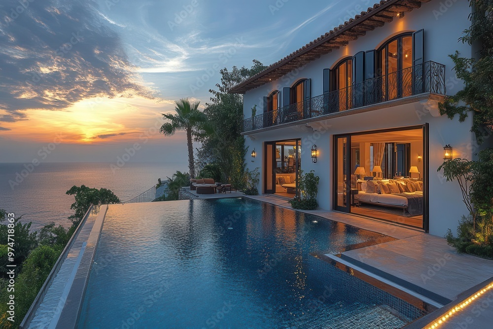 Fototapeta premium mediterranean villa with infinity pool overlooking azure sea golden hour lighting lush tropical landscaping luxury vacation ambiance