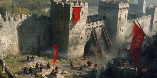 Soldiers storm a burning castle gate.