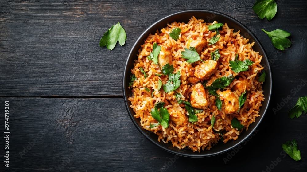 A delectable bowl of flavorful rice garnished with tender chicken pieces and fresh parsley, laid out on a dark wooden table, capturing a perfect culinary moment. A delectable bowl of flavorful rice garnished with tender chicken pieces and fresh parsley, laid out on a dark wooden table, capturing a perfect culinary moment.