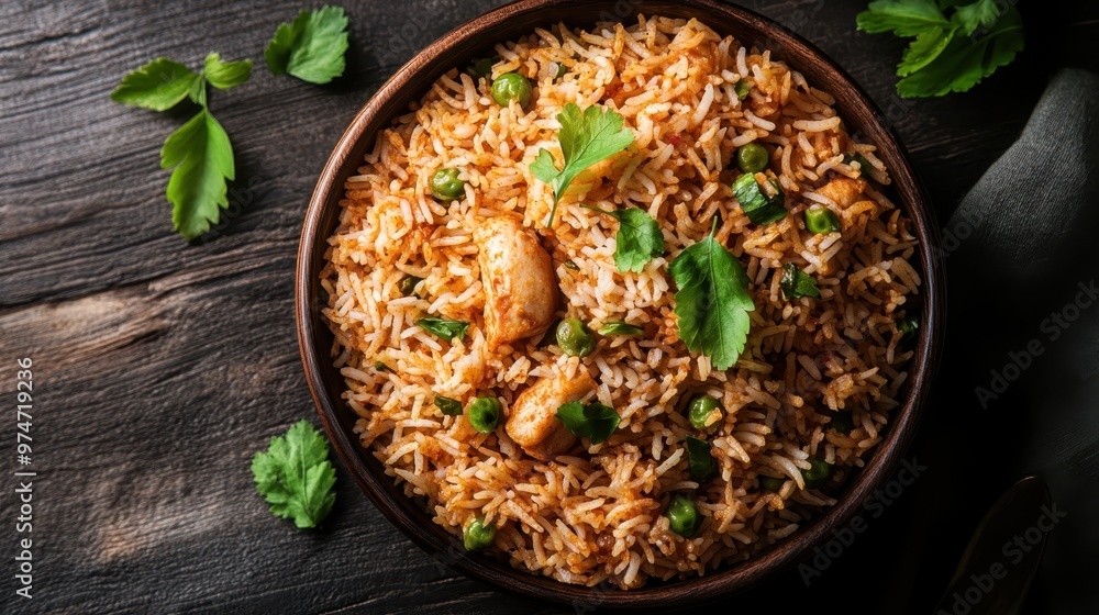 A close-up of spiced rice mixed with peas and hearty chunks of chicken served in a brown bowl on a rustic dark wooden surface, evoking homely comfort. A close-up of spiced rice mixed with peas and hearty chunks of chicken served in a brown bowl on a rustic dark wooden surface, evoking homely comfort.