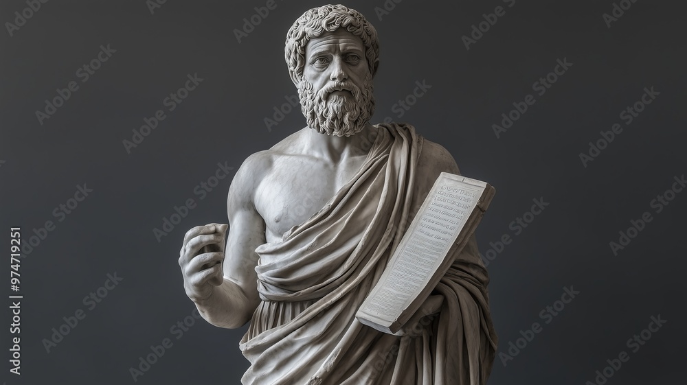 Statue of ancient Greek philosopher wearing toga, holding scrolls, gray background, concept of Stoicism, wisdom, philosophy, knowledge, history. Statue of ancient Greek philosopher wearing toga, holding scrolls, gray background, concept of Stoicism, wisdom, philosophy, knowledge, history.