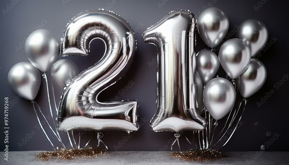 Banner with number 21 silver balloons with copy space Banner with number 21 silver balloons with copy space