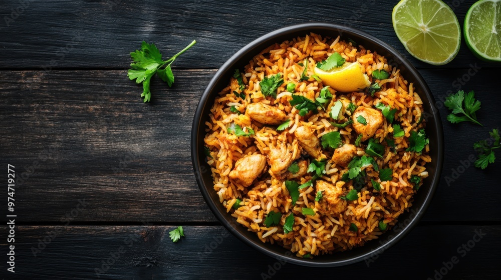 A mouth-watering bowl of aromatic rice and chicken garnished with fresh herbs and a touch of lime, arranged beautifully on a dark wooden table, offering a feast for the senses. A mouth-watering bowl of aromatic rice and chicken garnished with fresh herbs and a touch of lime, arranged beautifully on a dark wooden table, offering a feast for the senses.