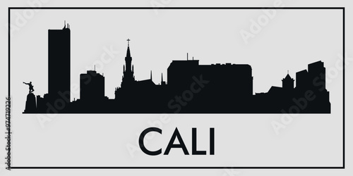 Cityscape. Cali, Colombia. Silhouettes of buildings. Vector on gray background
