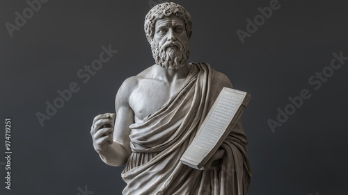 Statue of ancient Greek philosopher wearing toga, holding scrolls, gray background, concept of Stoicism, wisdom, philosophy, knowledge, history.