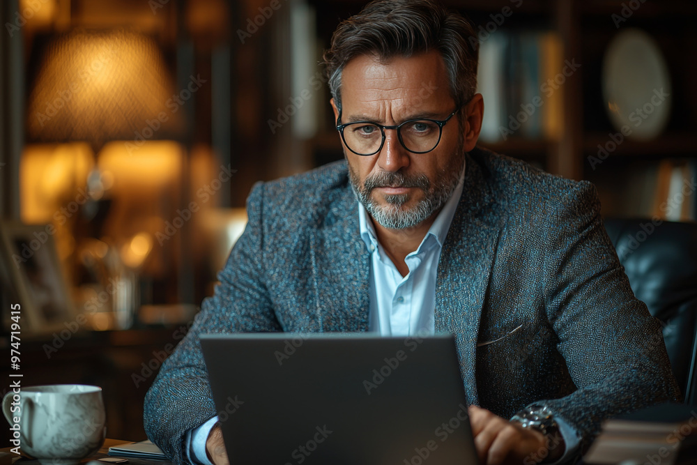 Focused businessman working on laptop. Focused businessman working on laptop.