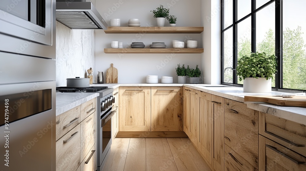 A contemporary kitchen design highlighting wooden accents with open shelving units displaying dishware, a combination of modern elements and cozy warmth, with large windows for natural light. A contemporary kitchen design highlighting wooden accents with open shelving units displaying dishware, a combination of modern elements and cozy warmth, with large windows for natural light.