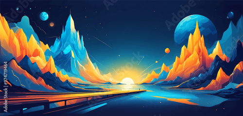 Vibrant Abstract Wave of Smart City with Multilayered Color Texture and Digital Elements - Global Technology and Social Network Concept for Web Banner Design