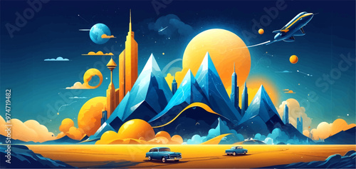 Vibrant Abstract Wave of Smart City with Multilayered Color Texture and Digital Elements - Global Technology and Social Network Concept for Web Banner Design