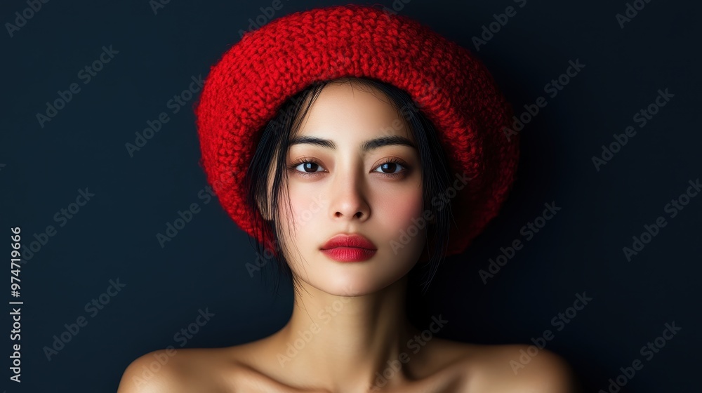 A person is standing against a dark backdrop, wearing a vibrant red knit hat, creating a striking contrast and a feeling of warmth, simplicity, and contemporary fashion appeal. A person is standing against a dark backdrop, wearing a vibrant red knit hat, creating a striking contrast and a feeling of warmth, simplicity, and contemporary fashion appeal.