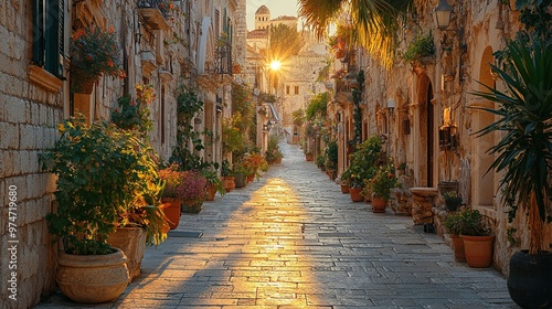 A narrow alley bathed in warm sunlight flanked by historic buildings