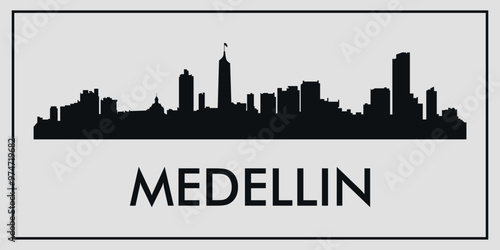 Cityscape. Medellin, Colombia. Silhouettes of buildings. Vector on gray background