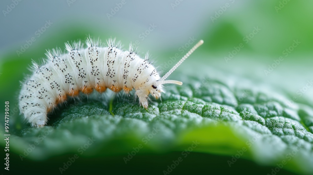 This image shows a white caterpillar with black spots crawling on a ...
