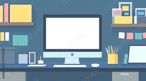 A minimalist workspace featuring a computer, stationery, and organizational items.