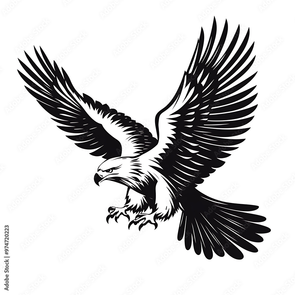 Obraz premium A black and white illustration depicting an eagle in mid-flight with its wings spread wide.