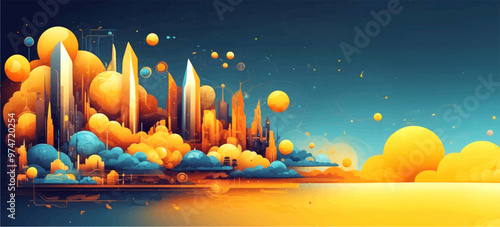 Vibrant Abstract Wave of Smart City with Multilayered Color Texture and Digital Elements - Global Technology and Social Network Concept for Web Banner Design