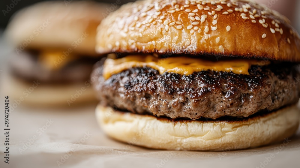 A delicious close-up of a juicy cheeseburger with a perfectly melted cheese slice on top of a well-cooked patty, all enclosed in a sesame seed bun. A delicious close-up of a juicy cheeseburger with a perfectly melted cheese slice on top of a well-cooked patty, all enclosed in a sesame seed bun.