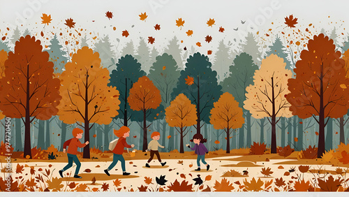 Autumn flat illustration with kids playing, falling leaves, and a forest scene photo