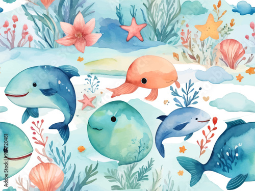 Watercolor style. Under the sea background. Marine Life Landscape. Ocean underwater world. Silhouette ocean bottom. Marine underwater life. Sea, seascape, seafloor, undersea background. Vector