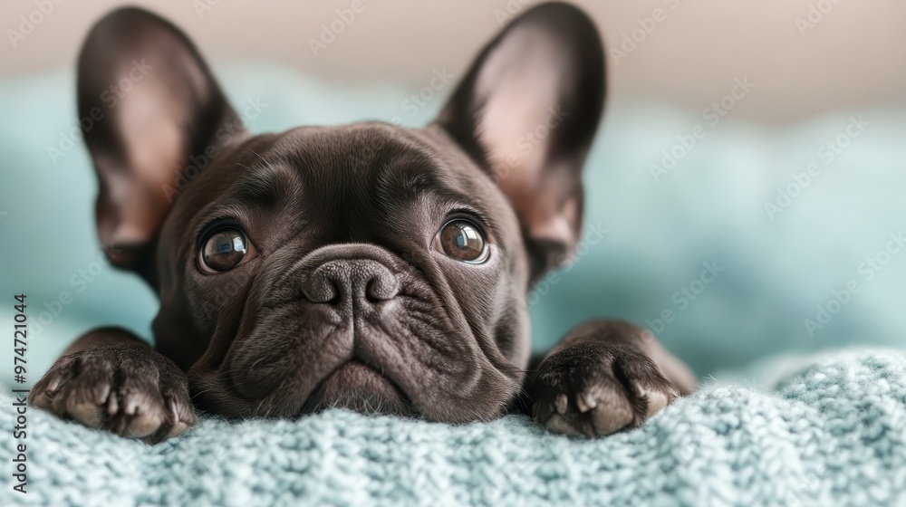 Adorable close-up of a puppy with big, soulful eyes, nestled comfortably on a soft blue blanket, creating a warm and soothing ambiance in this heartwarming image. Adorable close-up of a puppy with big, soulful eyes, nestled comfortably on a soft blue blanket, creating a warm and soothing ambiance in this heartwarming image.