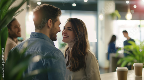 Modern office couple discreetly exchanging smiles during break, capturing subtle workplace romance and connection amidst blurred coworkers.