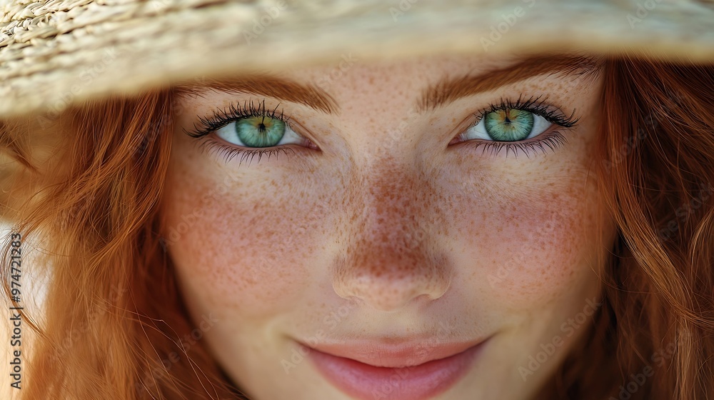 Portrait of beautiful woman hiding behind a straw hat at beach and looking at camera with beautiful green eyes Closeup face of smiling girl with freckles and red hair relaxing at seasi : Generative AI Portrait of beautiful woman hiding behind a straw hat at beach and looking at camera with beautiful green eyes Closeup face of smiling girl with freckles and red hair relaxing at seasi : Generative AI