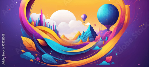 Vibrant Abstract Wave of Smart City with Multilayered Color Texture and Digital Elements - Global Technology and Social Network Concept for Web Banner Design