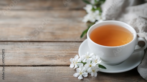 An elegant white cup of tea is set on a rustic wooden table surrounded by white blossoms, evoking sophistication, peace, and the simplicity of enjoying a warm beverage.