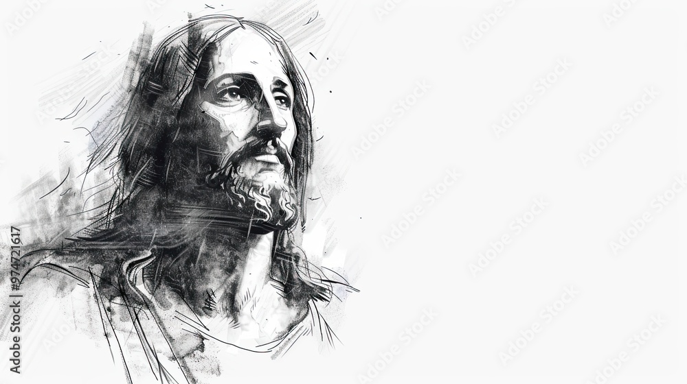 Sketch of Jesus Christ on white background with copy space Sketch of Jesus Christ on white background with copy space