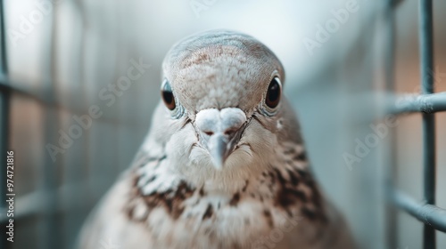 This image shows a close-up view of a pigeon inside a wire cage, looking straight into the camera with a serious expression, emphasizing the bird's detailed features. photo