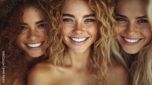 Three women with curly hair gather closely, smiling widely, showcasing friendship and diversity against a soft-focus background, celebrating youth and unity.