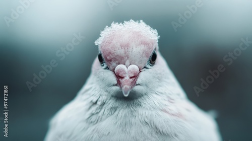 The image captures a close-up of a pigeon facing the camera, covered with a layer of snow on its head, highlighting the bird's fine details and cold environment. photo