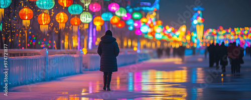 The vibrant ice lanterns of Harbin’s Zhaolin Park, casting colorful reflections on the snow photo