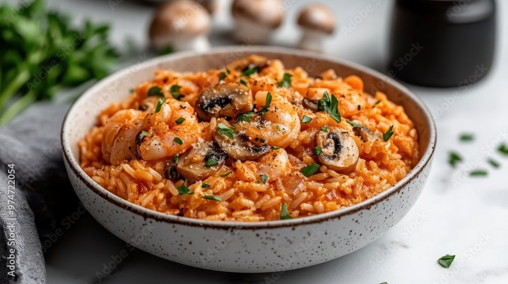 A mouthwatering bowl of shrimp and mushroom risotto cooked to perfection in a rich tomato sauce, garnished with parsley, offering a delightful and savory dining experience. A mouthwatering bowl of shrimp and mushroom risotto cooked to perfection in a rich tomato sauce, garnished with parsley, offering a delightful and savory dining experience.