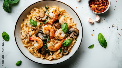 A flavorful dish of shrimp risotto mixed with mushrooms and garnished with fresh basil leaves, offering a delightful blend of tastes and an appealing presentation for any meal. photo