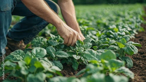 farmer checking quality potato crop plant health green potato tops tuberous herbaceous plant Solnum tubersum farmers pride agricultural land : Generative AI