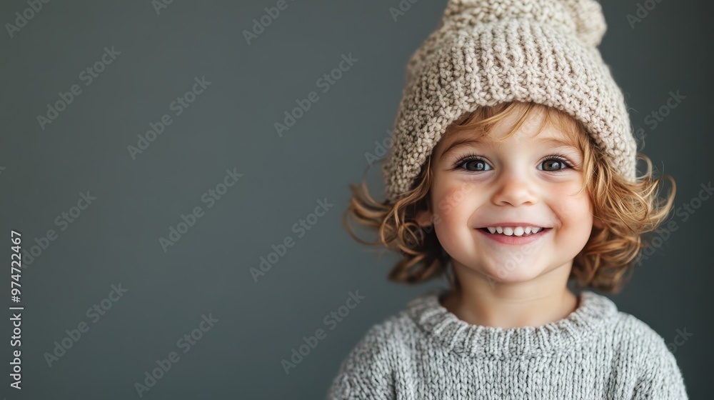 A young, cute child with curly hair smiles while wearing a knitted sweater and a beanie, conveying warmth and innocence with a charming twinkle in the eyes. A young, cute child with curly hair smiles while wearing a knitted sweater and a beanie, conveying warmth and innocence with a charming twinkle in the eyes.