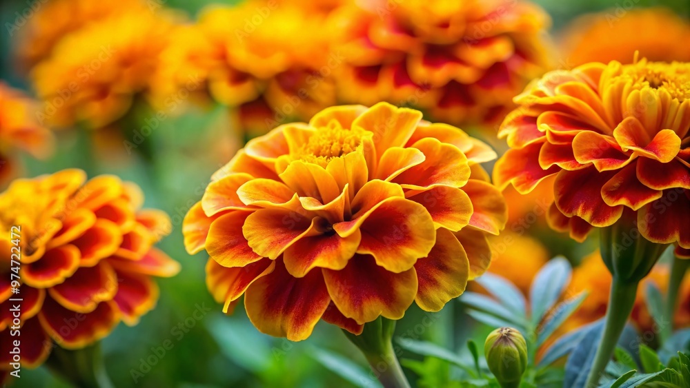 Vibrant orange and yellow marigold strands, delicately entwined, create a warm and inviting texture against a soft, blurred green background. Vibrant orange and yellow marigold strands, delicately entwined, create a warm and inviting texture against a soft, blurred green background.