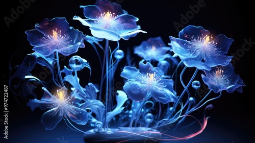 A beautiful abstract image of glowing blue flowers with a dark background.