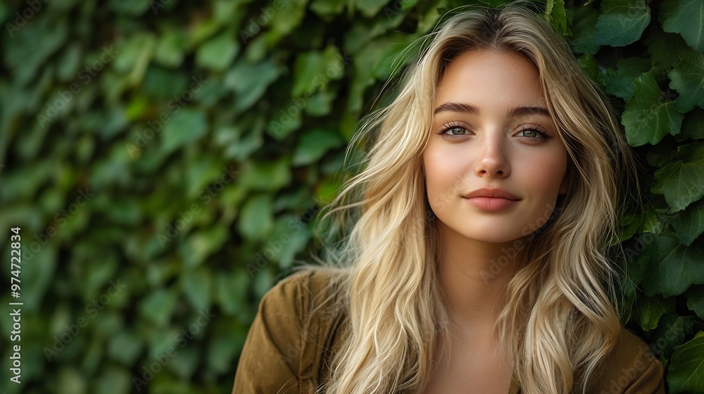 blond girl model plus size on the background of a green wall : Generative AI blond girl model plus size on the background of a green wall : Generative AI